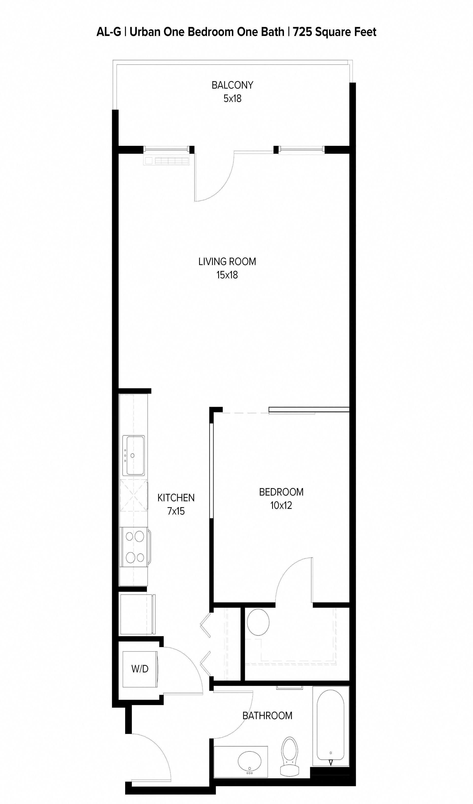 Floor plan for 1 bed, 1 bath, 725 sqft